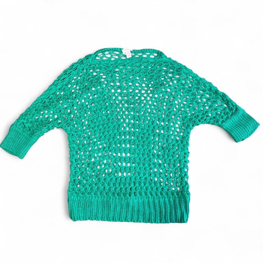 Chico's Open Knit Crochet Sweater Green Linen Blend Mesh Net Pullover Size 1 M/L